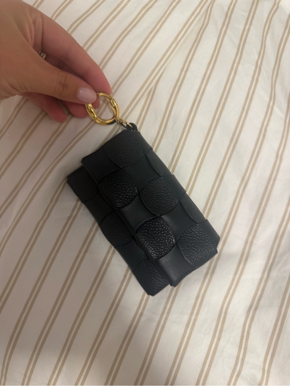 Polene Black Woven Leather Key Pouch with Gold Ring